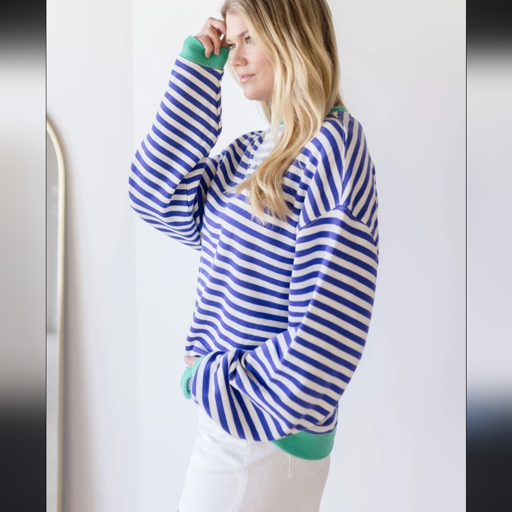 We The Free People Classic Striped Oversized Crewneck Sweatshirt Black Combo L